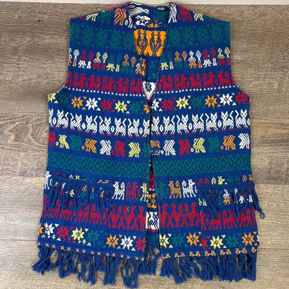 Vintage Handwoven Tribal Tapestry Fringe Vest – Boho Statement Piece